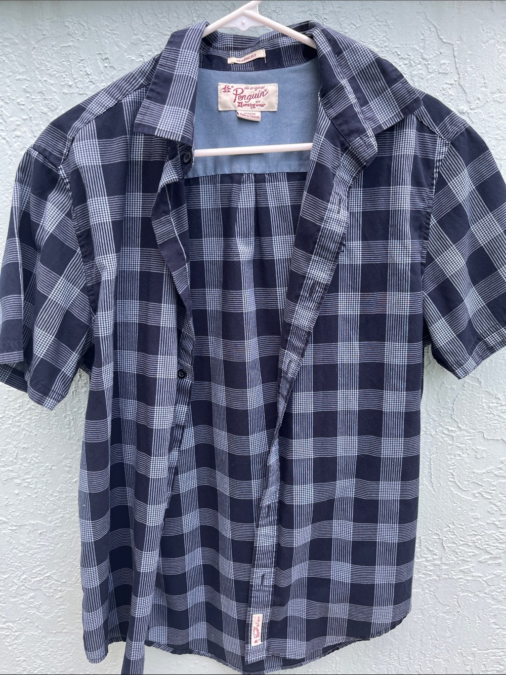 Original Penguin Navy and Light Blue Plaid Short-Sleeve Button-Up Shirt